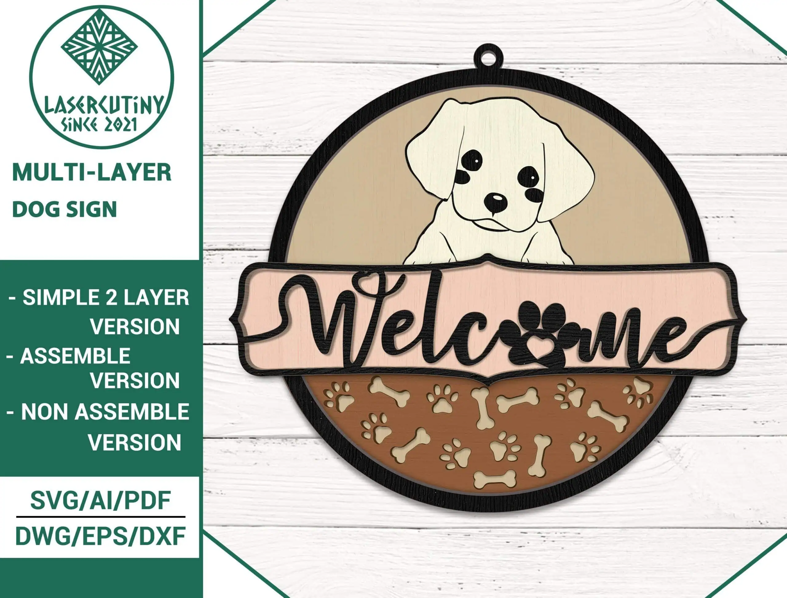 layered round dog sign with a puppy peeking over a pink welcome banner with a paw print and bones