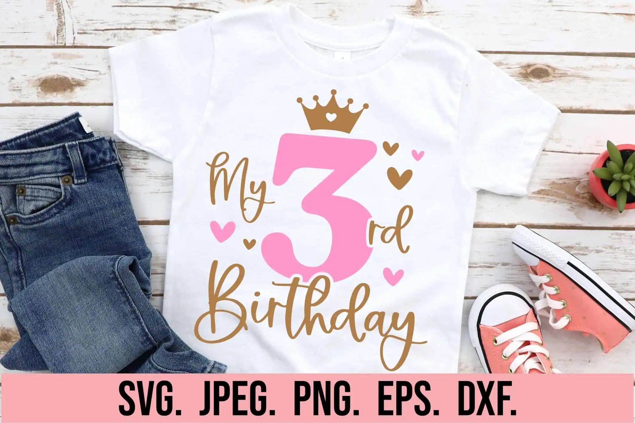 white kids t-shirt that says my 3rd birthday with a pink glitter number 3 and a gold crown