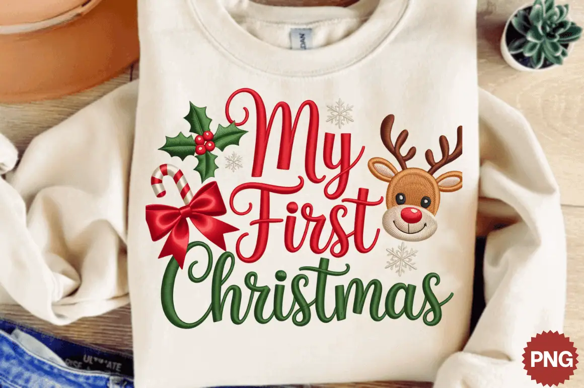 cream sweatshirt that says My First Christmas in red and green script with candy canes, holly and a reindeer