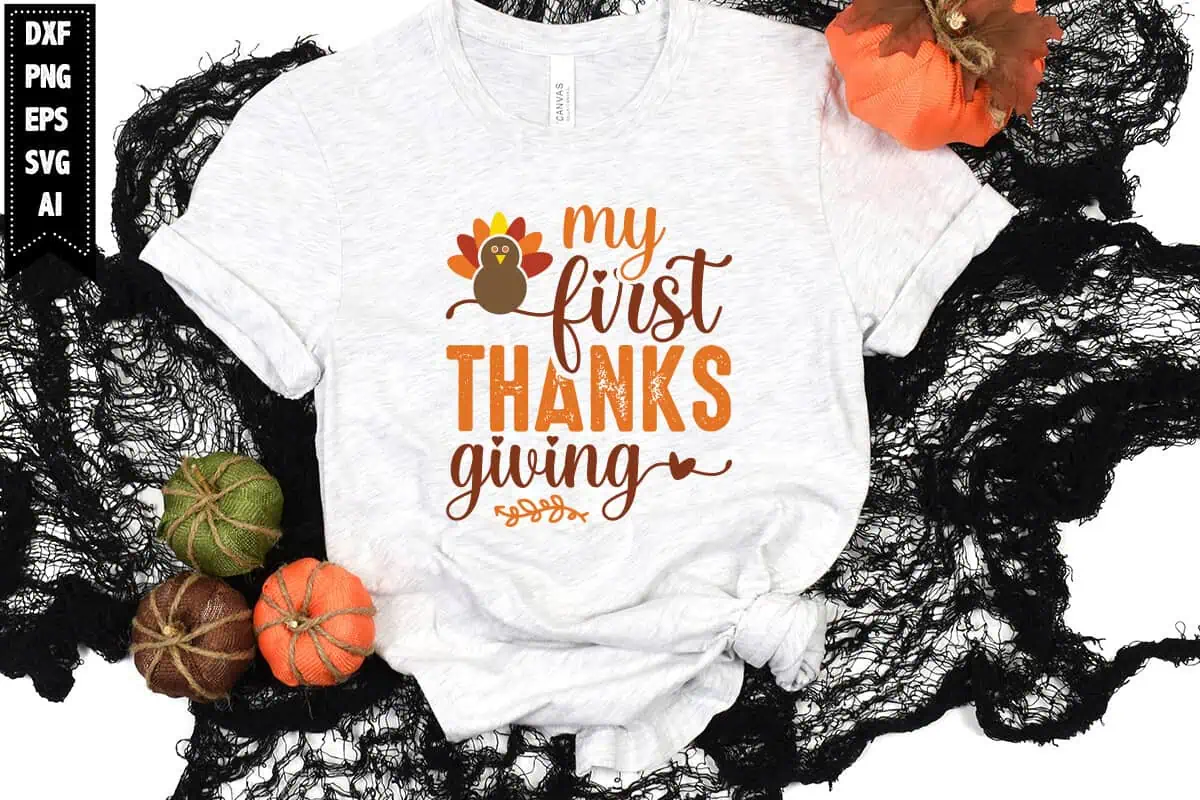 white shirt with an orange and brown My First Thanksgiving design