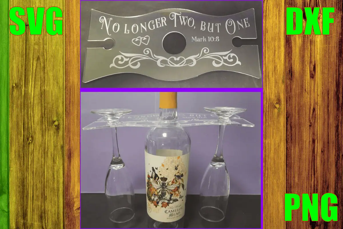 engraved clear acrylic wine bottle and glass holder that says no longer two but one, holding two wine glasses