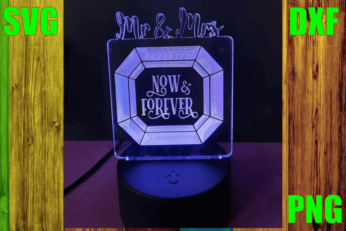 engraved acrylic LED lamp with a gem shape that says Mr and Mrs now and forever, glowing blue