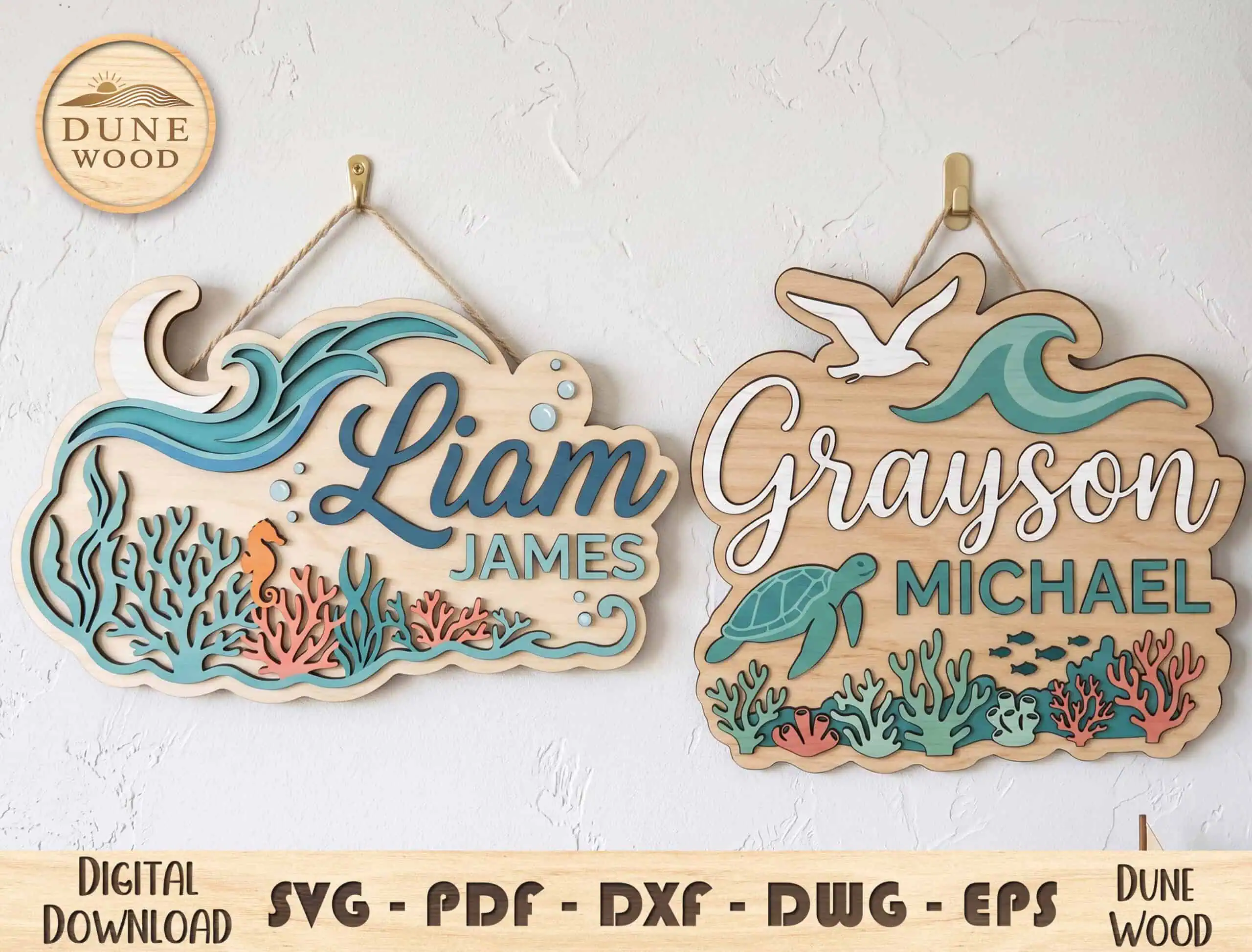 two layered kids name signs with ocean waves, coral and a sea turtle that say Liam James and Grayson Michael