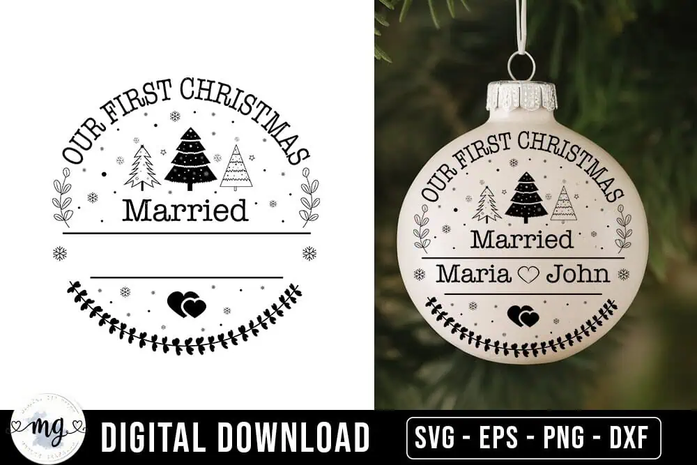 clear ball ornament that says Our First Christmas Married with the names Maria and John