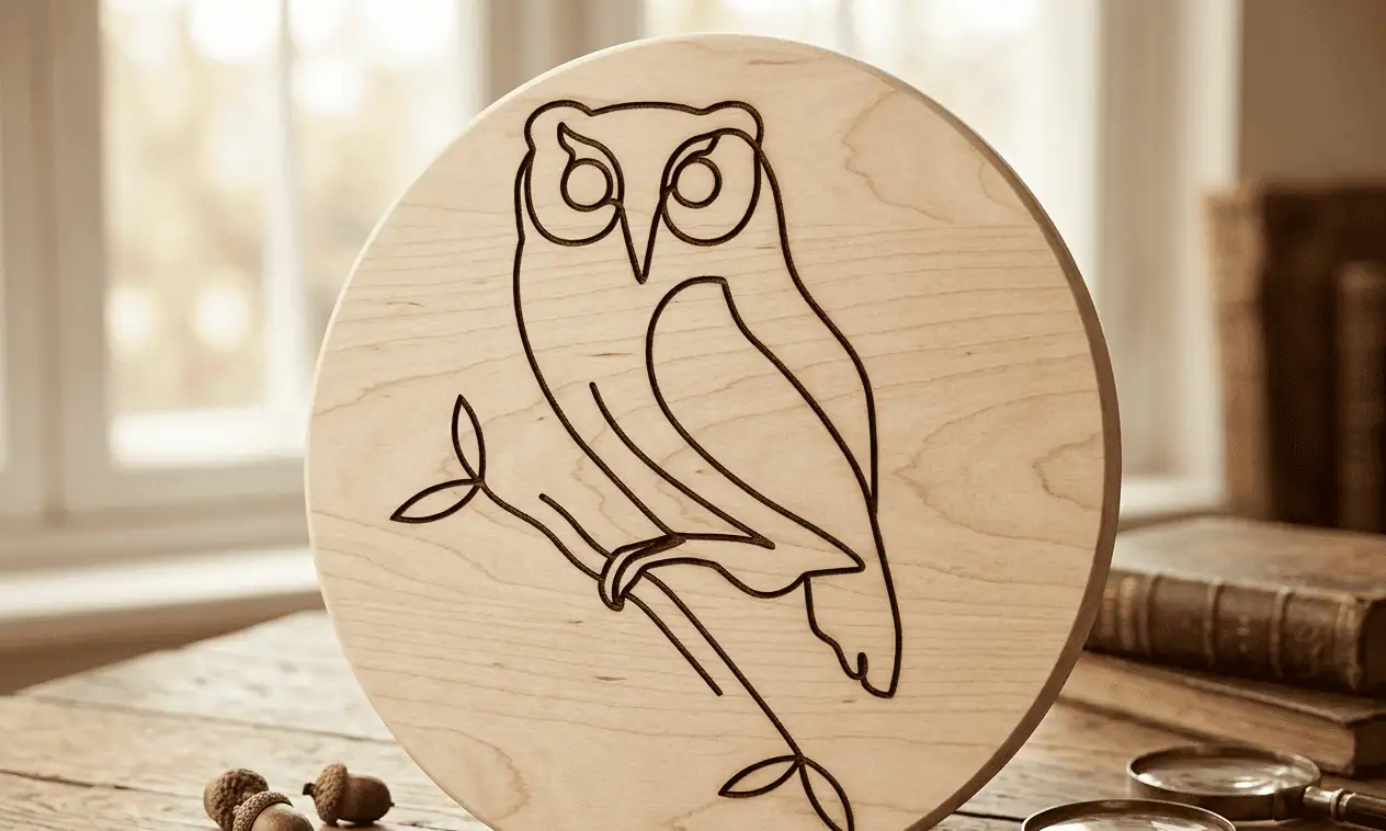 single line drawing of an owl on a branch engraved on a round wooden board