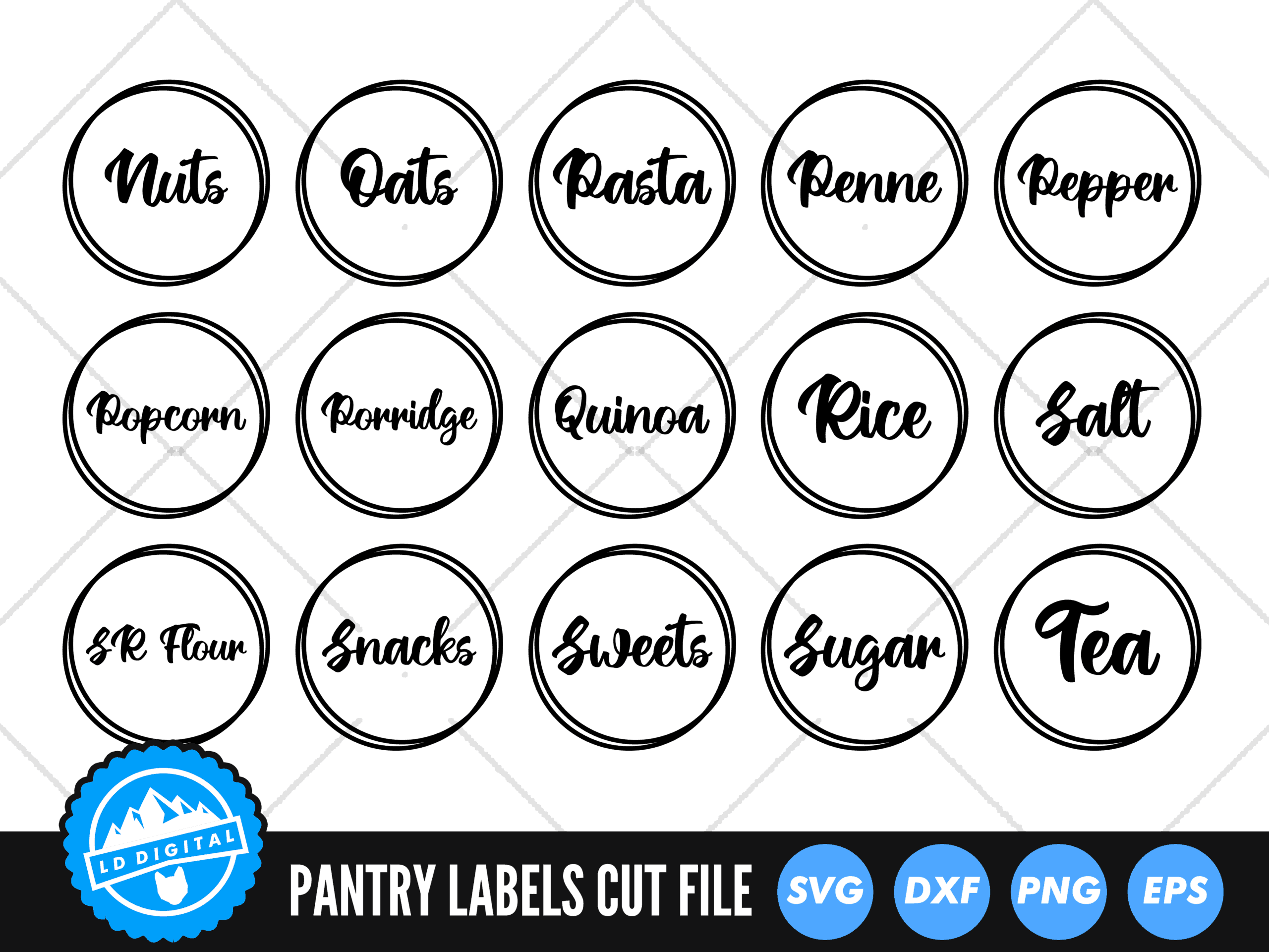round pantry labels for nuts, oats, pasta, rice, salt, sugar, tea and more