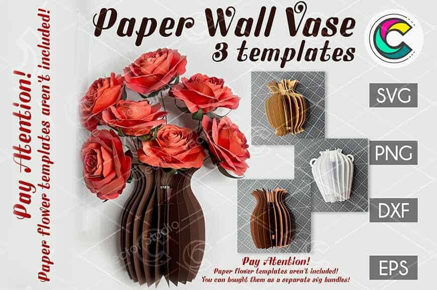 paper wall vase holding red paper roses with brown vase templates