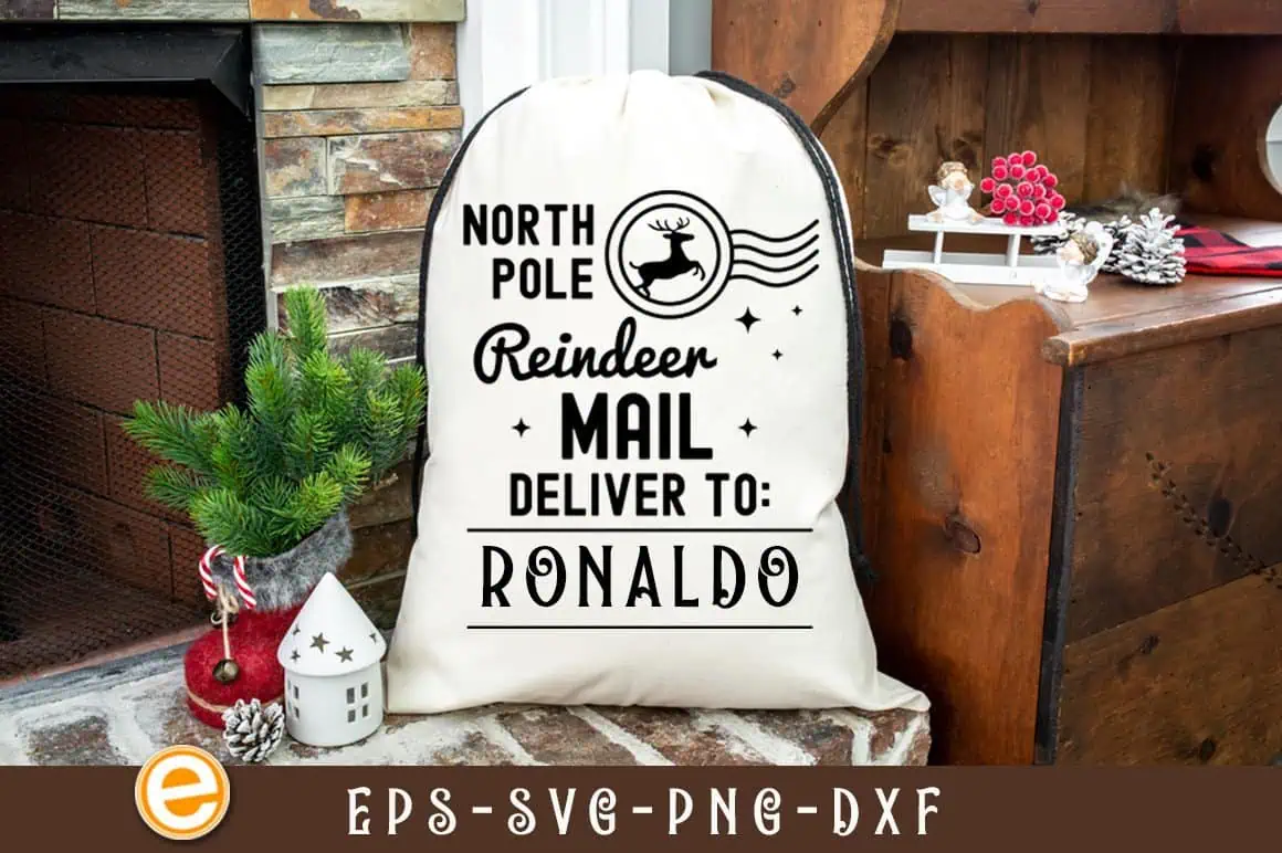 cotton drawstring Santa sack that says North Pole Reindeer Mail, deliver to Ronaldo