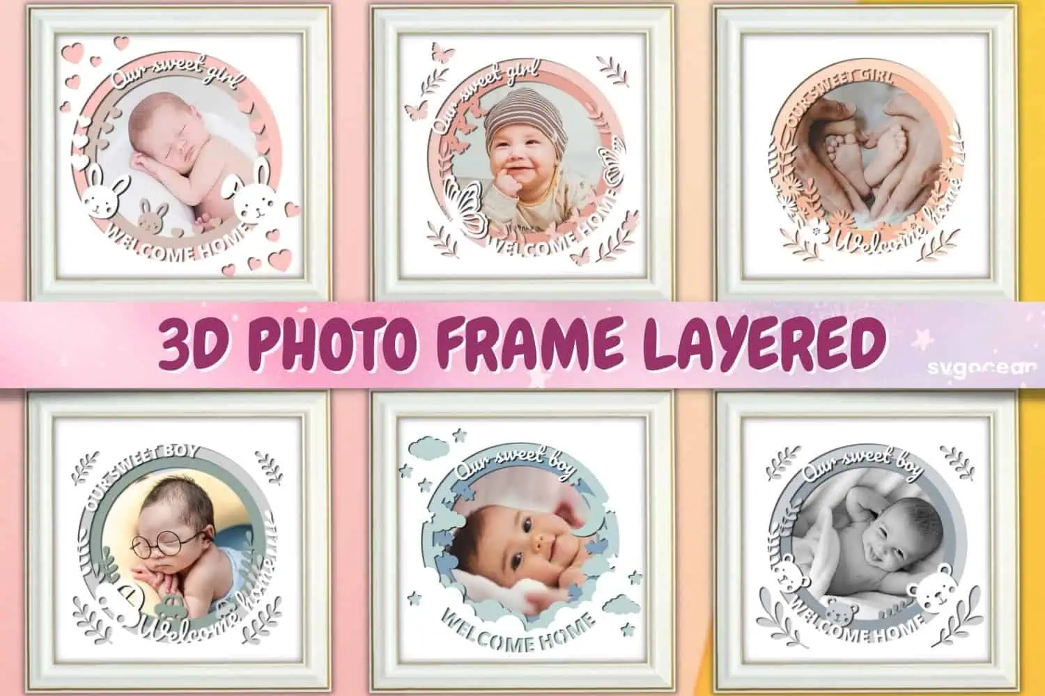 layered paper photo frames with baby photos in soft pink, sage and grey