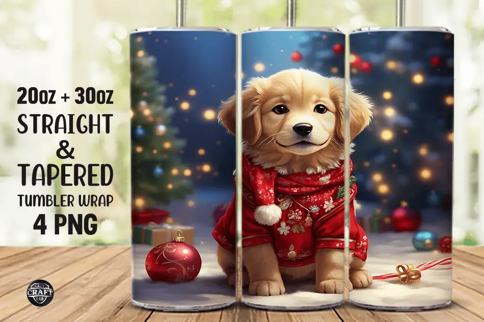 skinny tumblers with a golden retriever puppy in a red Christmas sweater in front of a lit Christmas tree