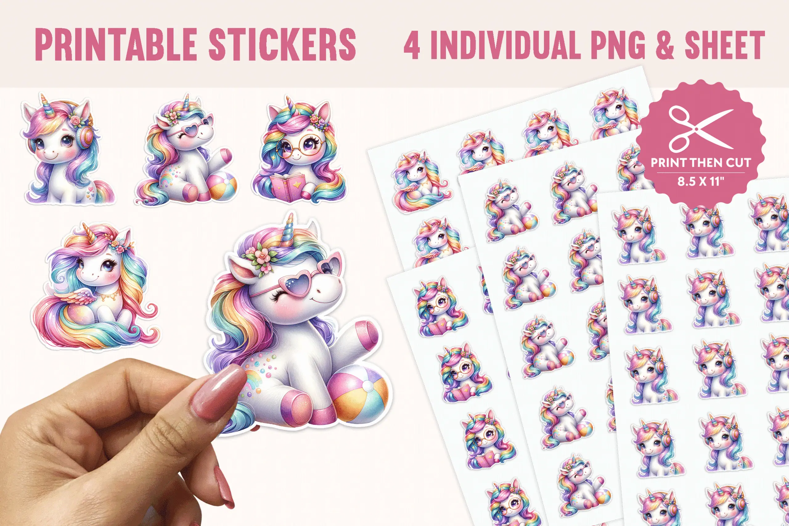 sheet of rainbow unicorn stickers with one peeled off