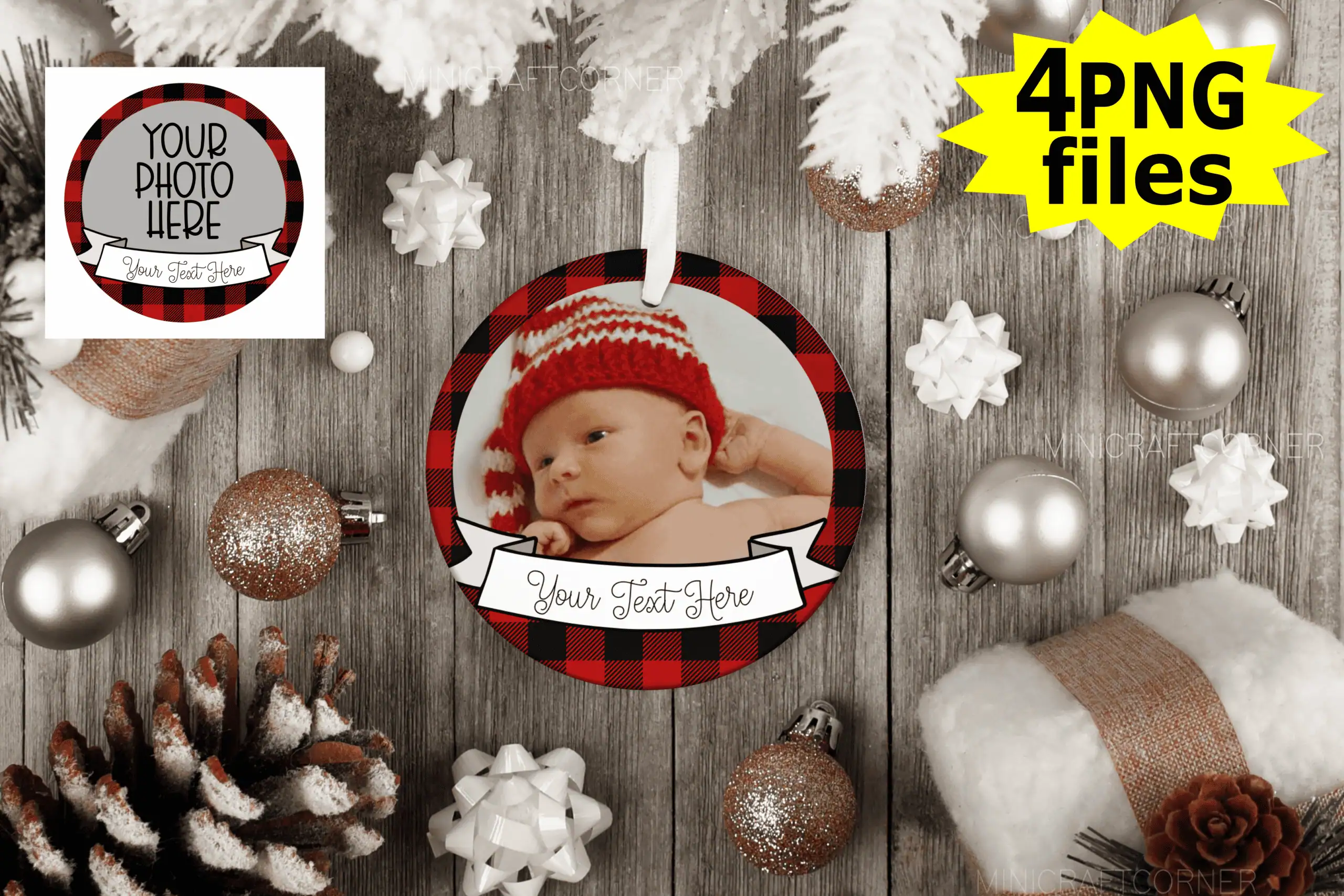 round ornament with a baby photo inside a red and black buffalo plaid border and a white banner for text