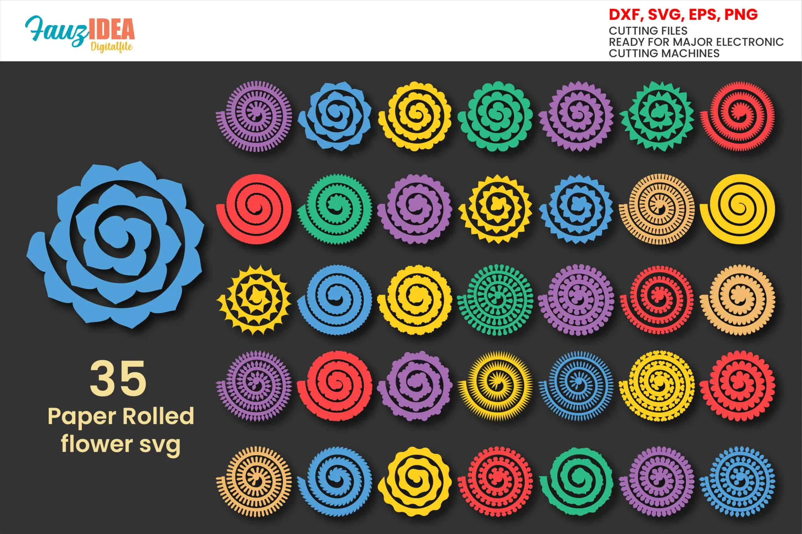 35 colorful rolled paper flowers in rows