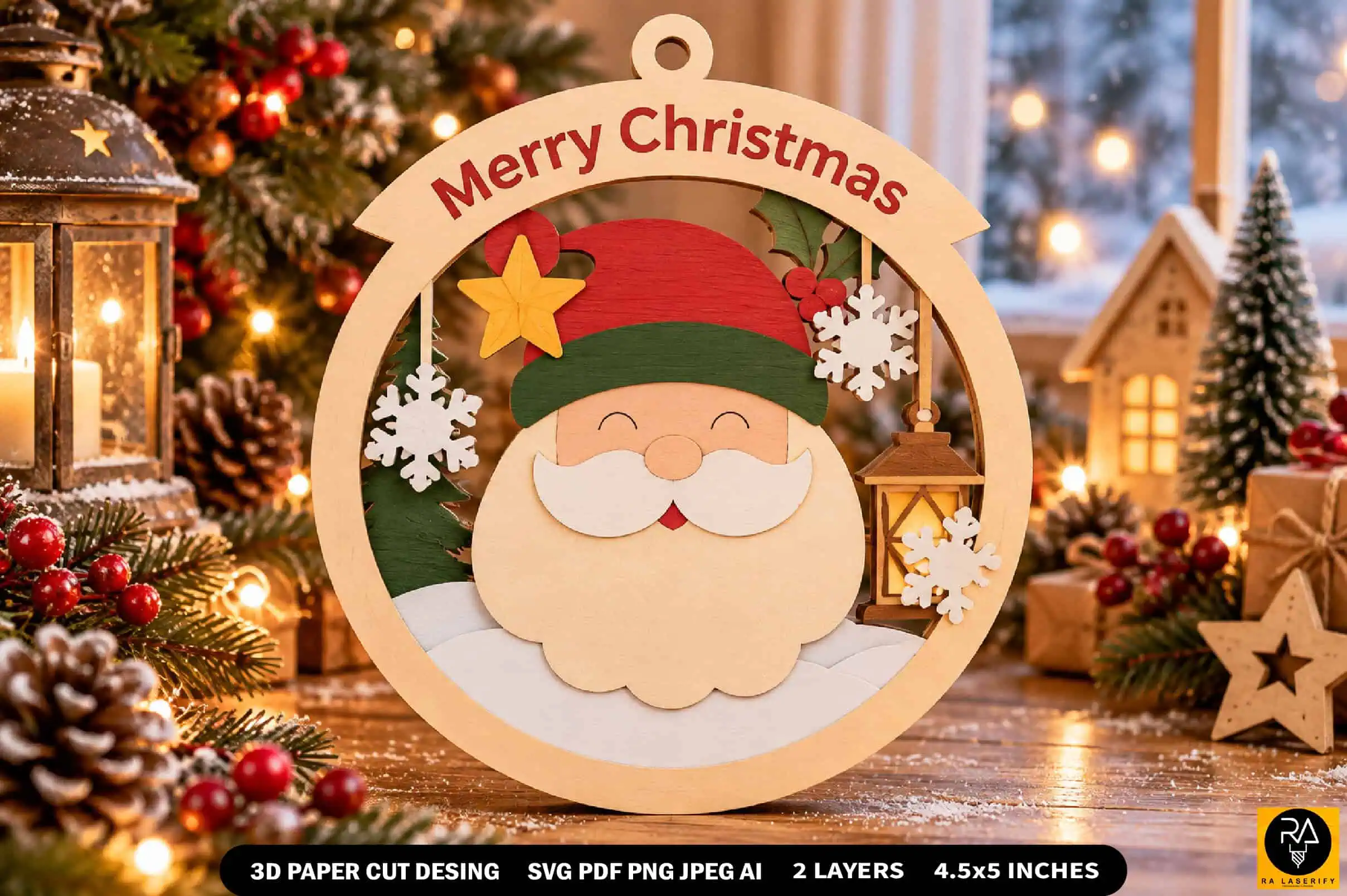 round layered paper ornament with Santa's face and Merry Christmas lettering