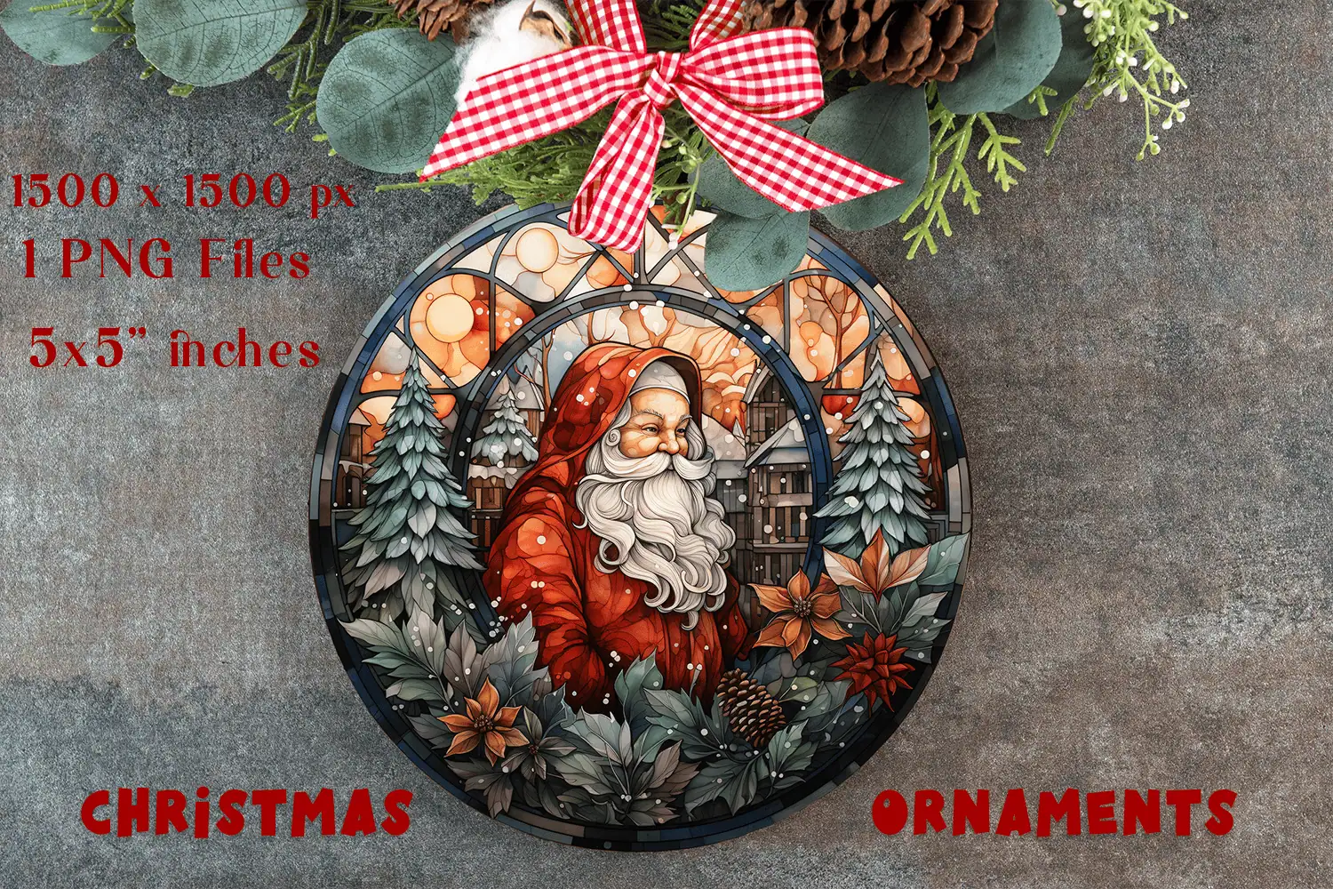 round ornament with a stained glass Santa in a red hat, pine trees and a snowy village in an arched window