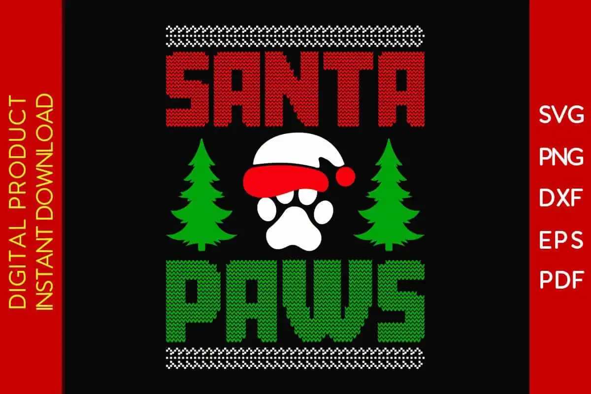ugly sweater design that says Santa Paws with a paw print in a Santa hat between two trees