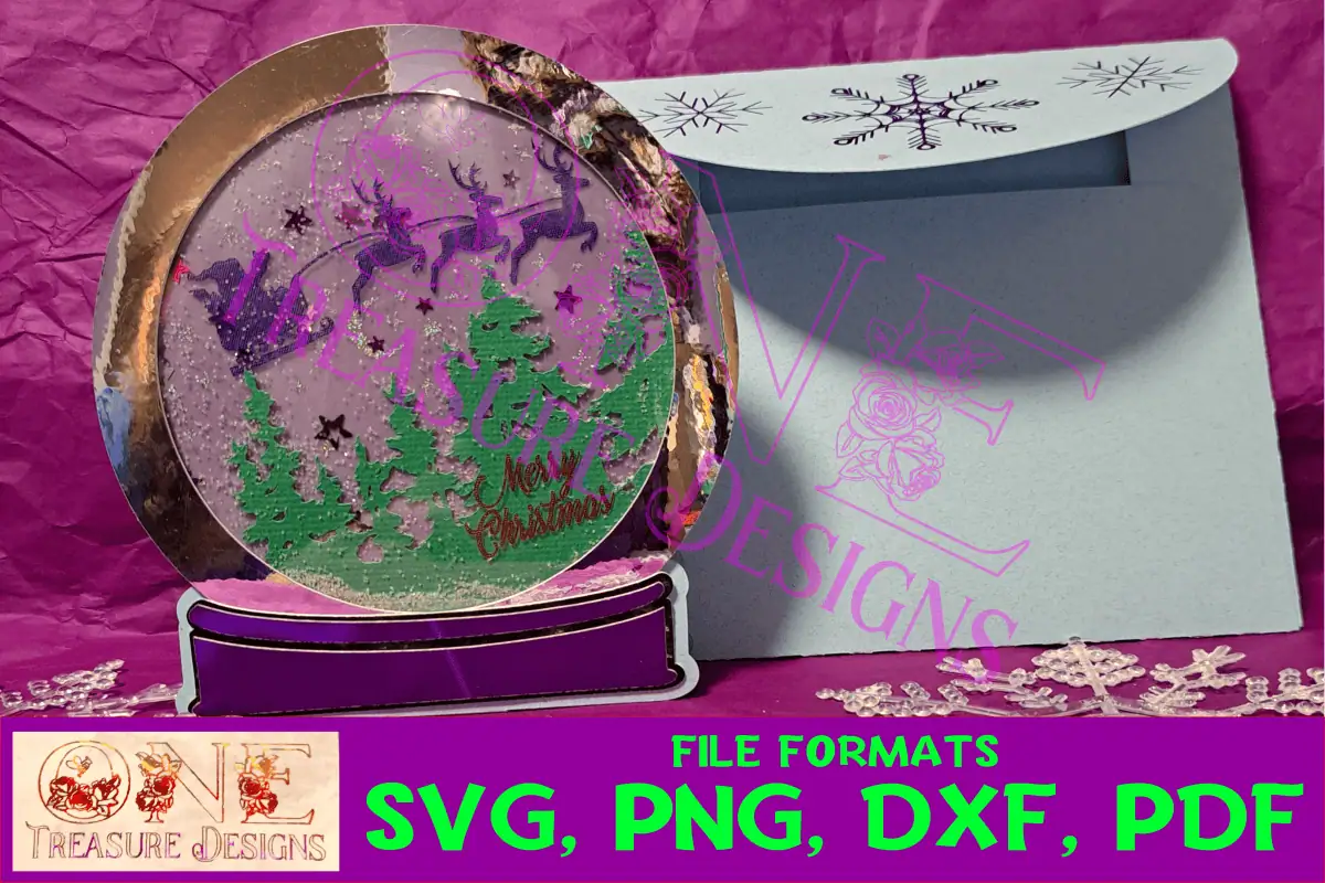 engraved round acrylic snow globe with Santa's sleigh and reindeer flying over pine trees