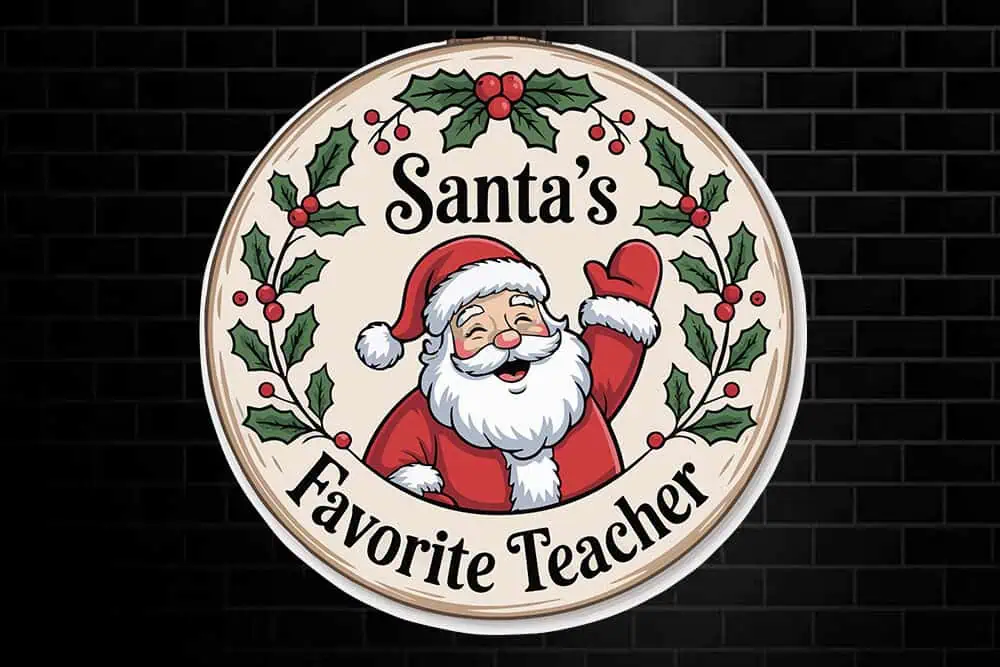 round design with Santa waving inside a holly wreath and the words Santa's Favorite Teacher