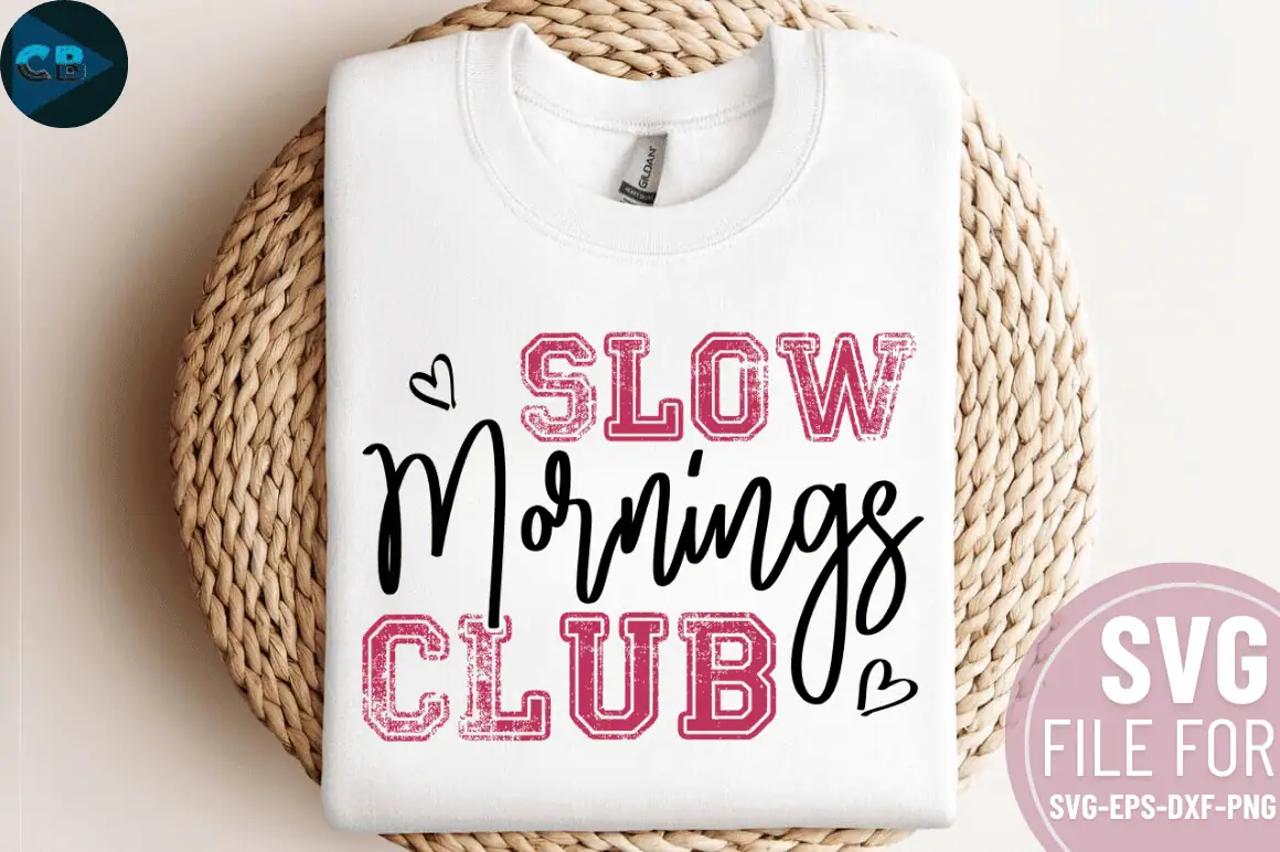 white sweatshirt that says slow mornings club in pink and black