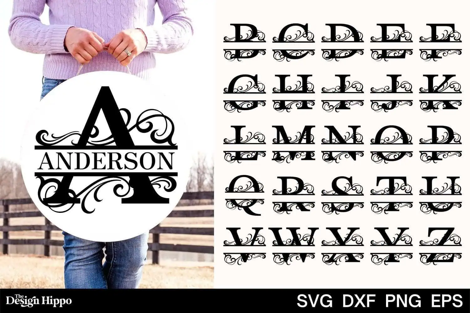 split monogram letter A with the name Anderson on a bag, next to a full A to Z split monogram alphabet
