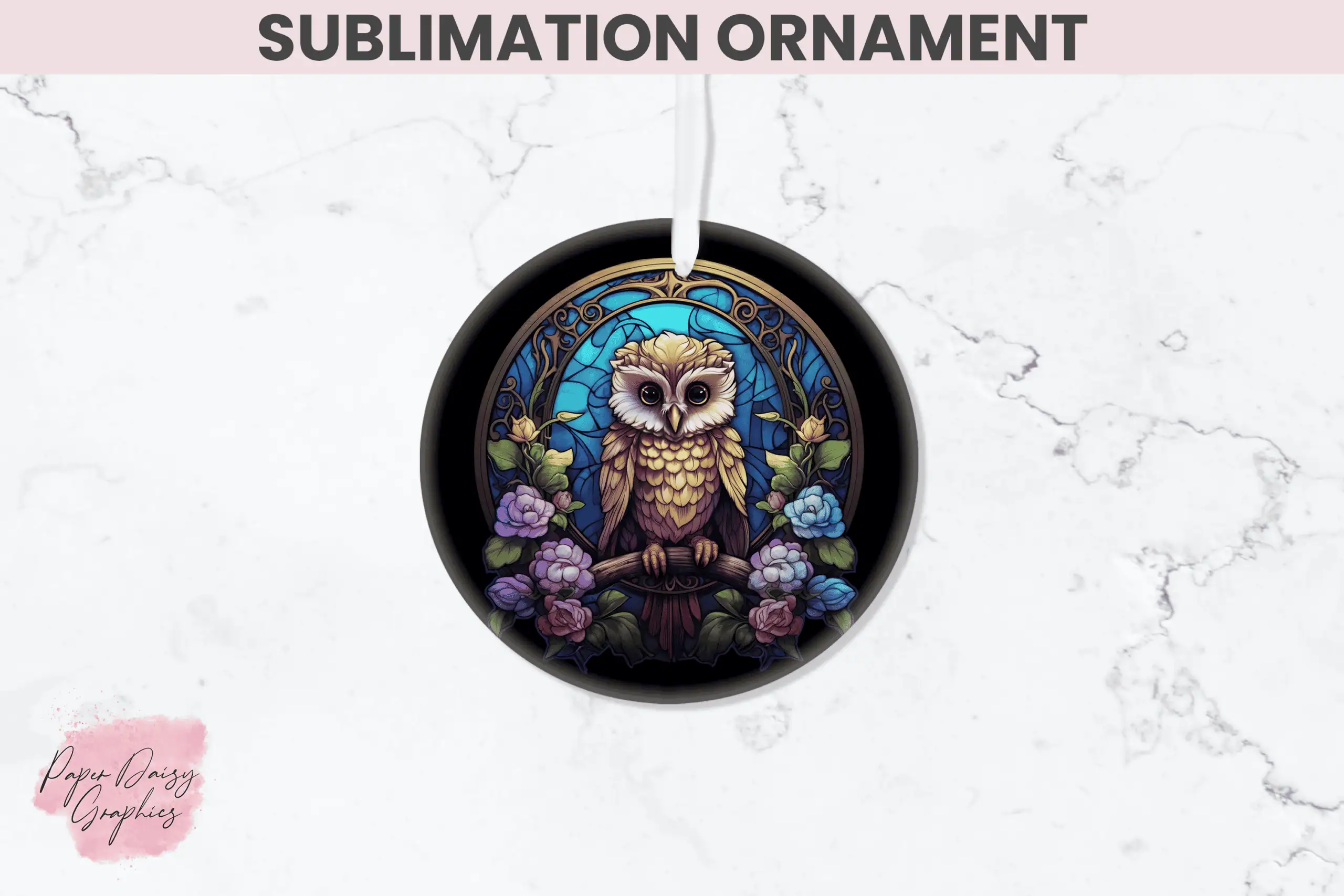 round ornament with a stained glass owl in blue and purple surrounded by purple flowers