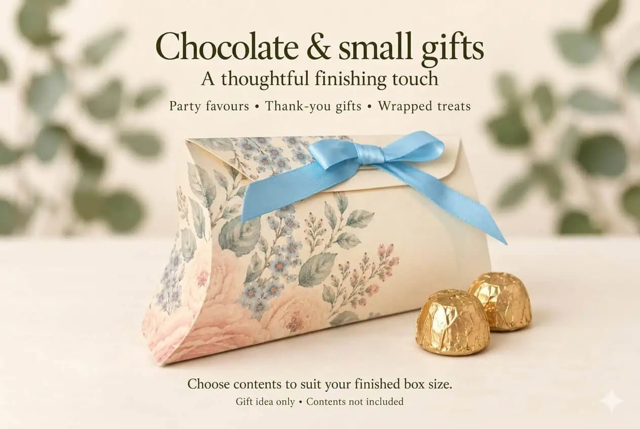 floral standing pillow box tied with a blue ribbon next to chocolates