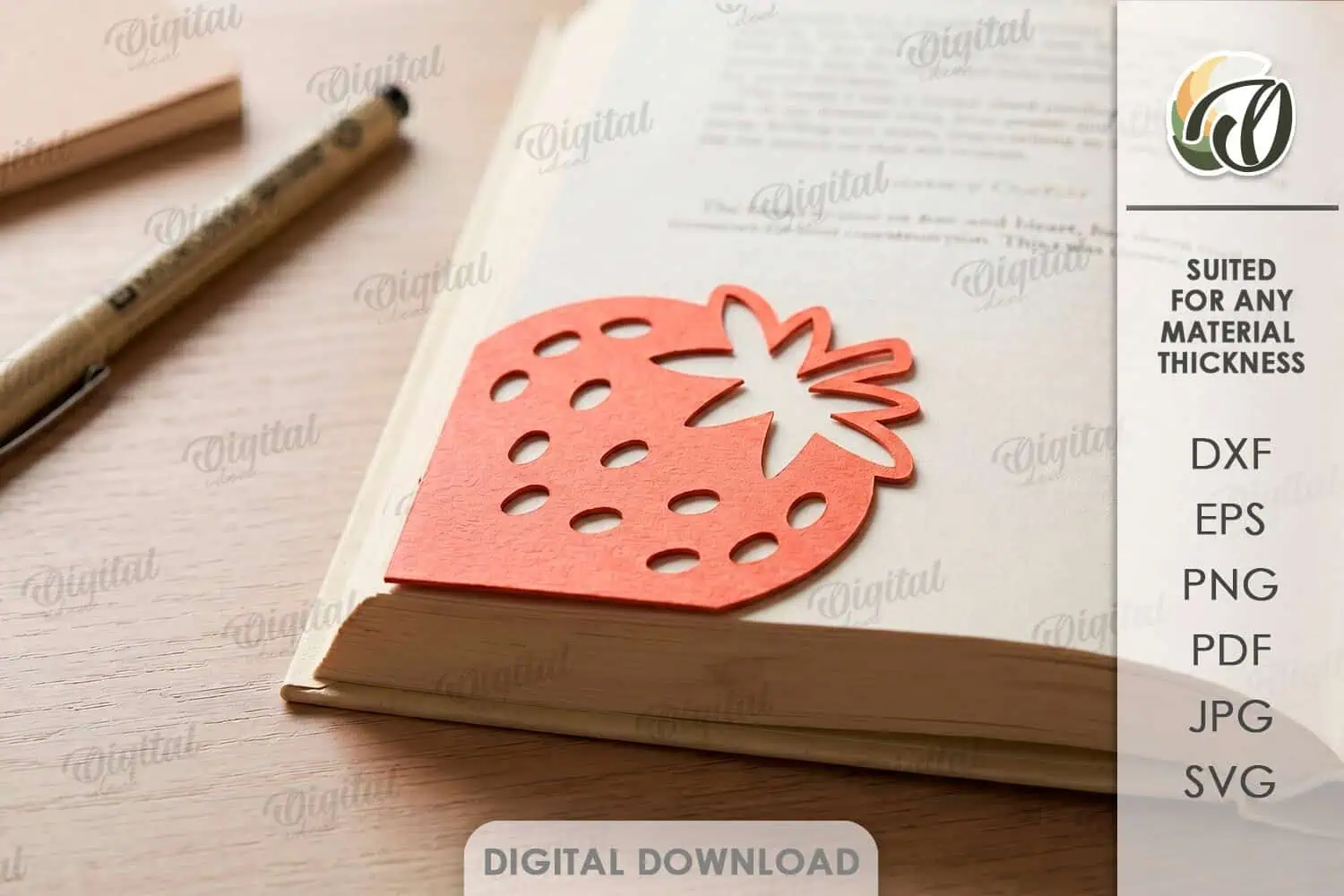 coral strawberry corner bookmark with seed cutouts on the corner of a book