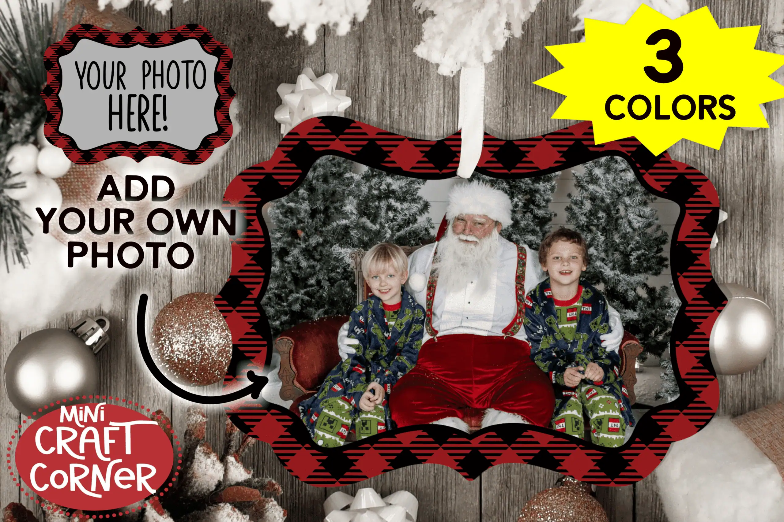 scalloped benelux ornament with a red buffalo plaid frame around a photo of two kids in pajamas with Santa