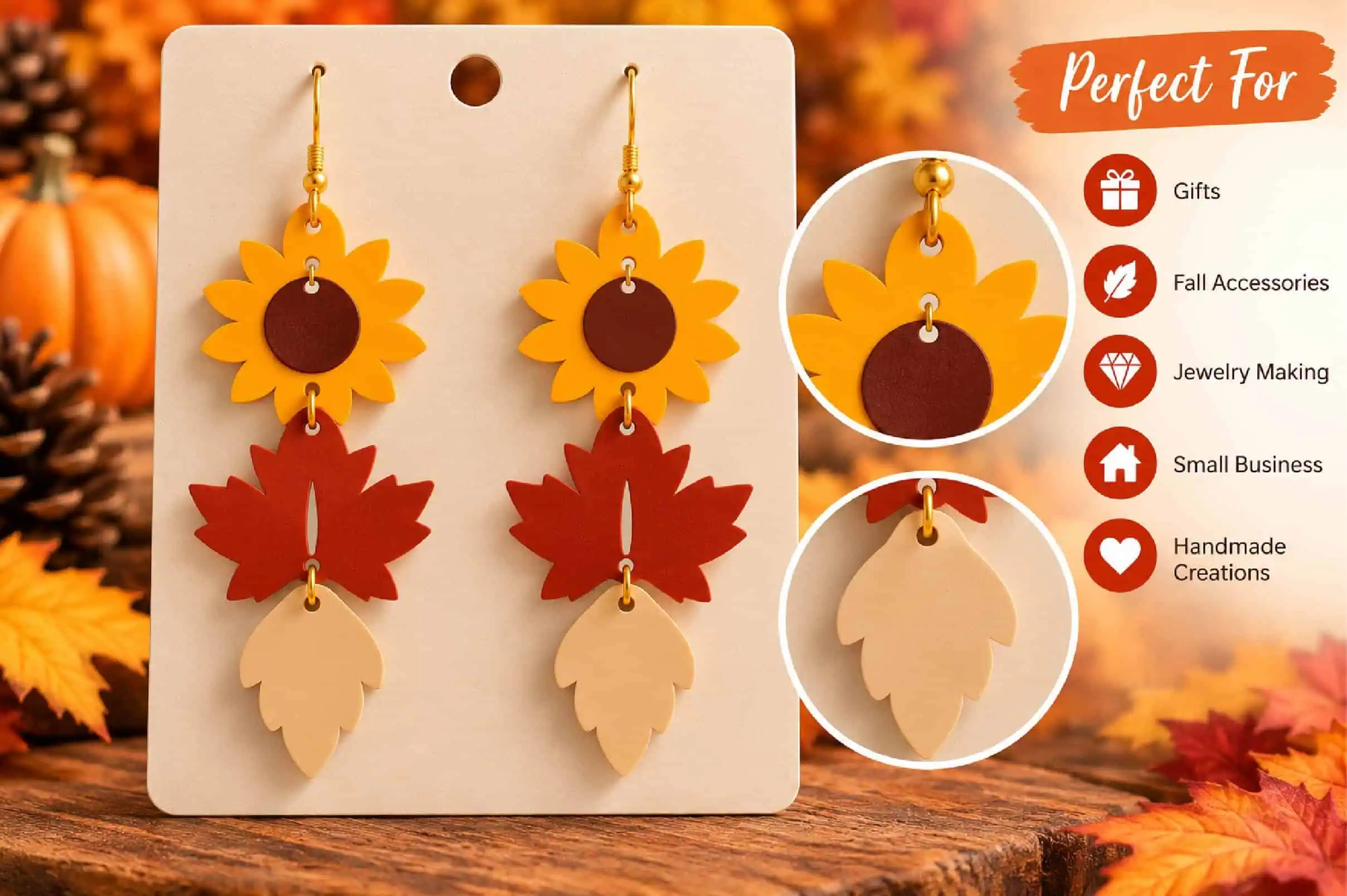 dangle earrings with a sunflower, a red maple leaf and a cream leaf