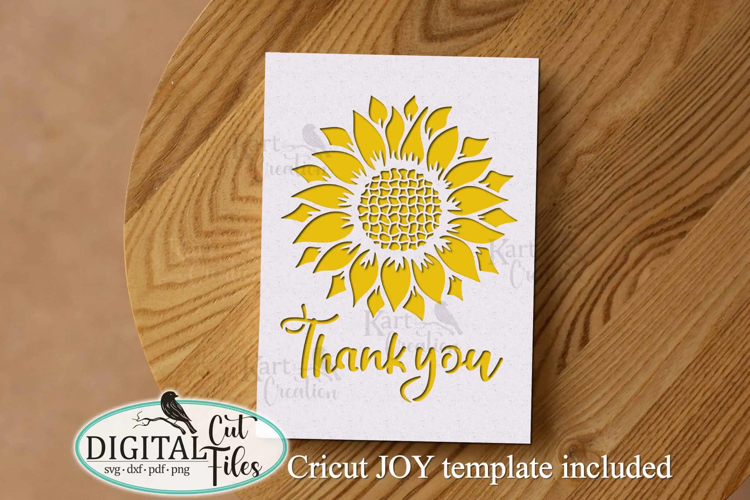 white card with a yellow sunflower cutout and the words thank you