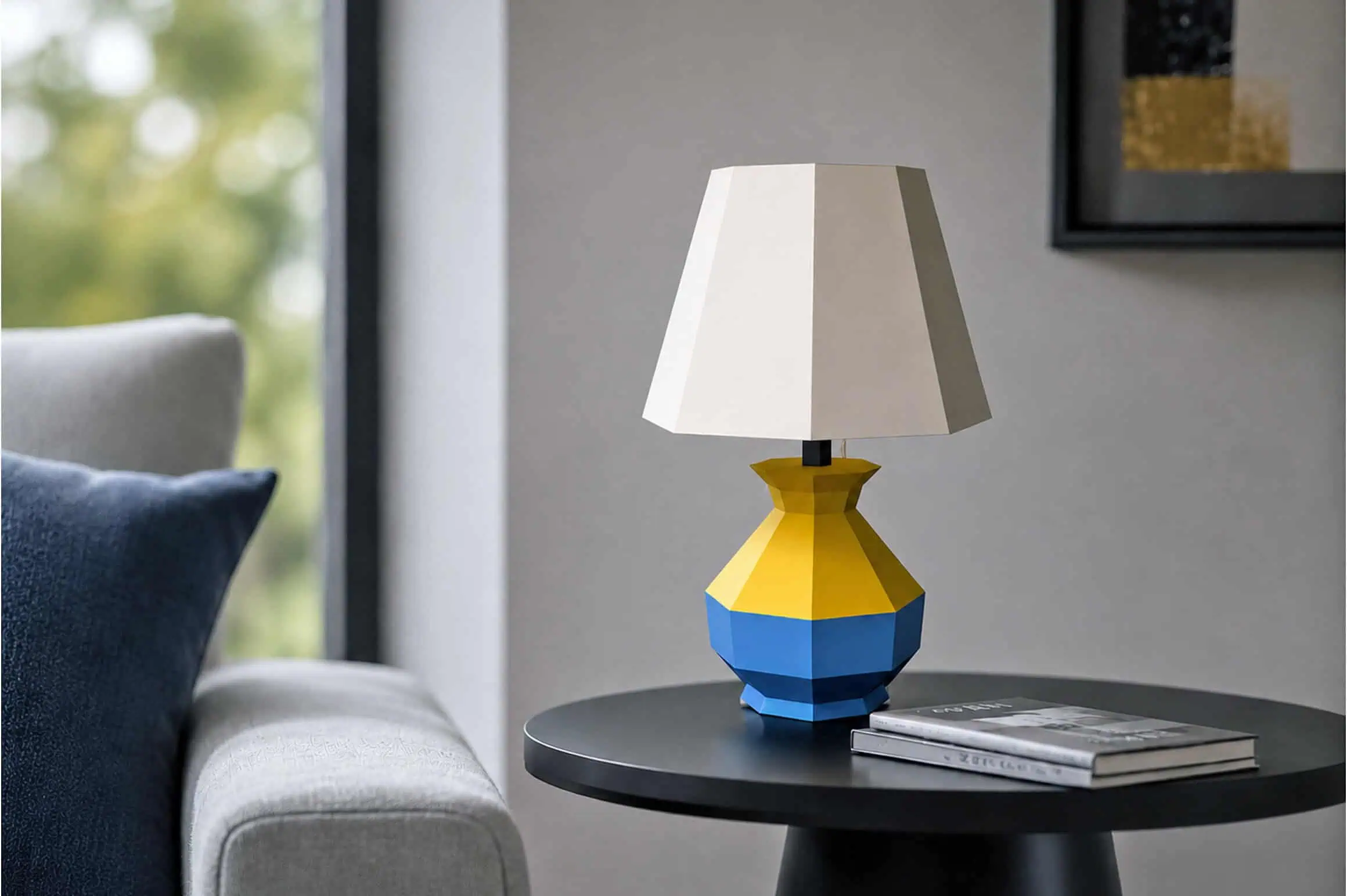 3d papercraft table lamp with a blue and yellow faceted base and white shade on a side table
