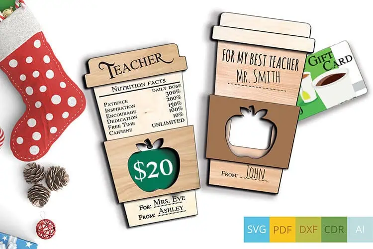 coffee cup shaped gift card holders that say For My Best Teacher with a twenty dollar card tucked inside