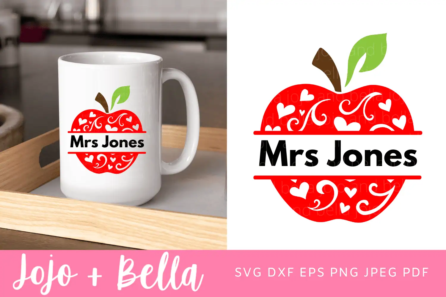 white mug with a red apple design and the name Mrs Jones