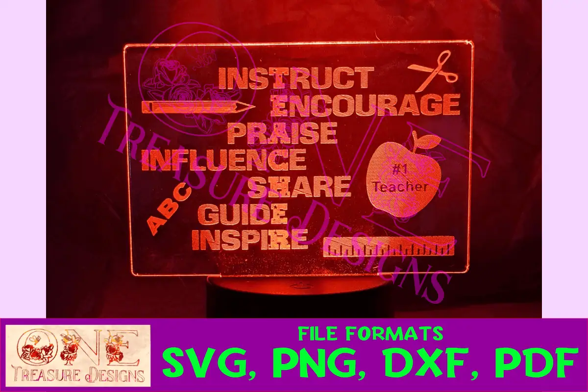 engraved acrylic sign with the words instruct, encourage, praise, influence, share, guide and inspire, with a #1 teacher apple