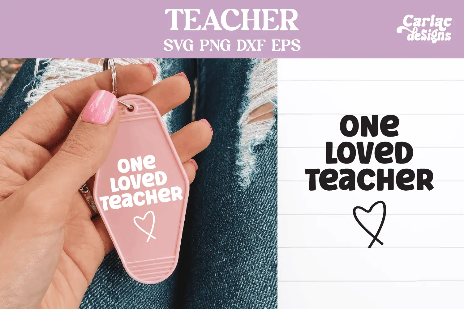 pink motel keychain that says one loved teacher with a heart