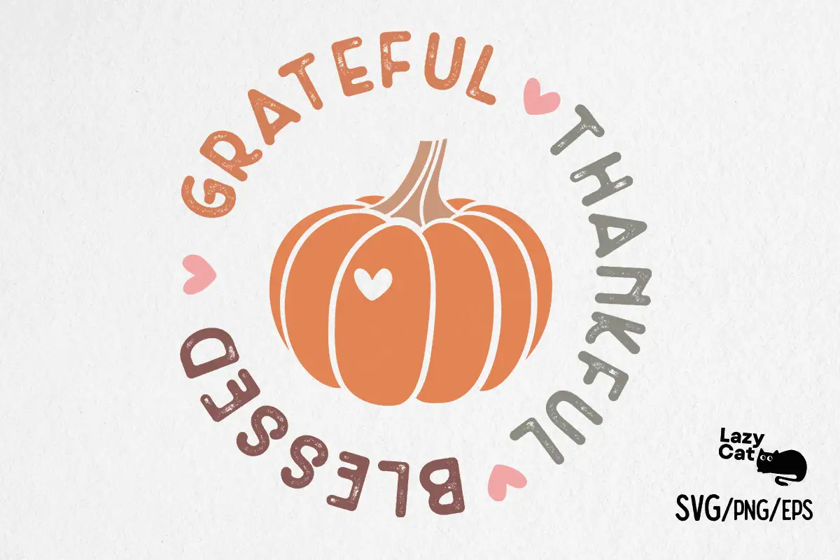 round Thanksgiving design with a pumpkin and the words grateful, thankful, blessed