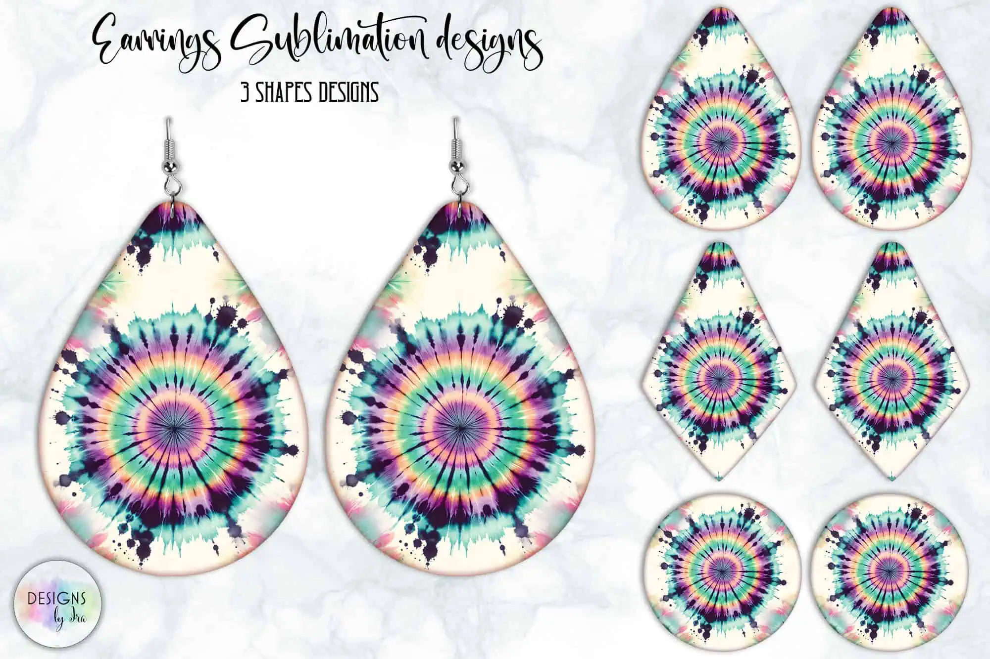 teardrop earrings with a colorful tie-dye swirl print