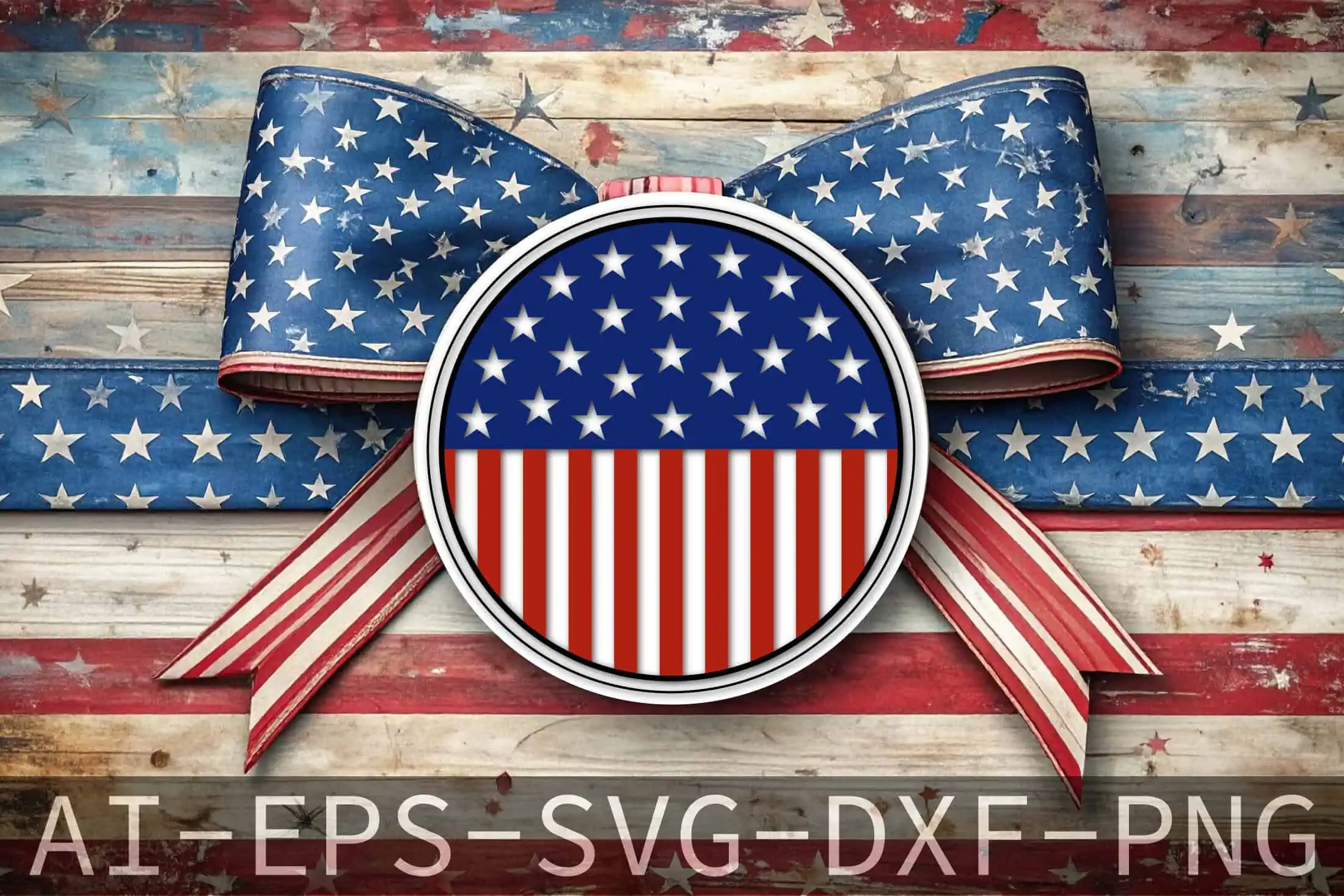 round American flag door hanger with a big star-spangled bow on a wood plank background