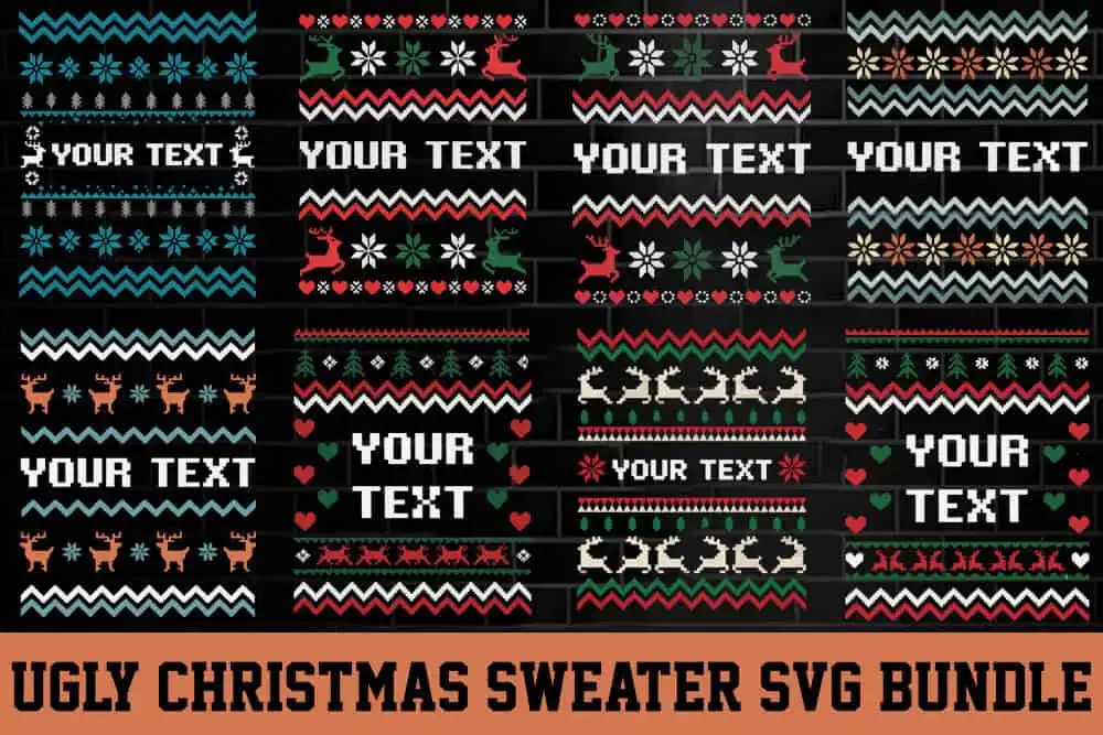 twelve ugly Christmas sweater designs with Your Text in the middle of knitted patterns