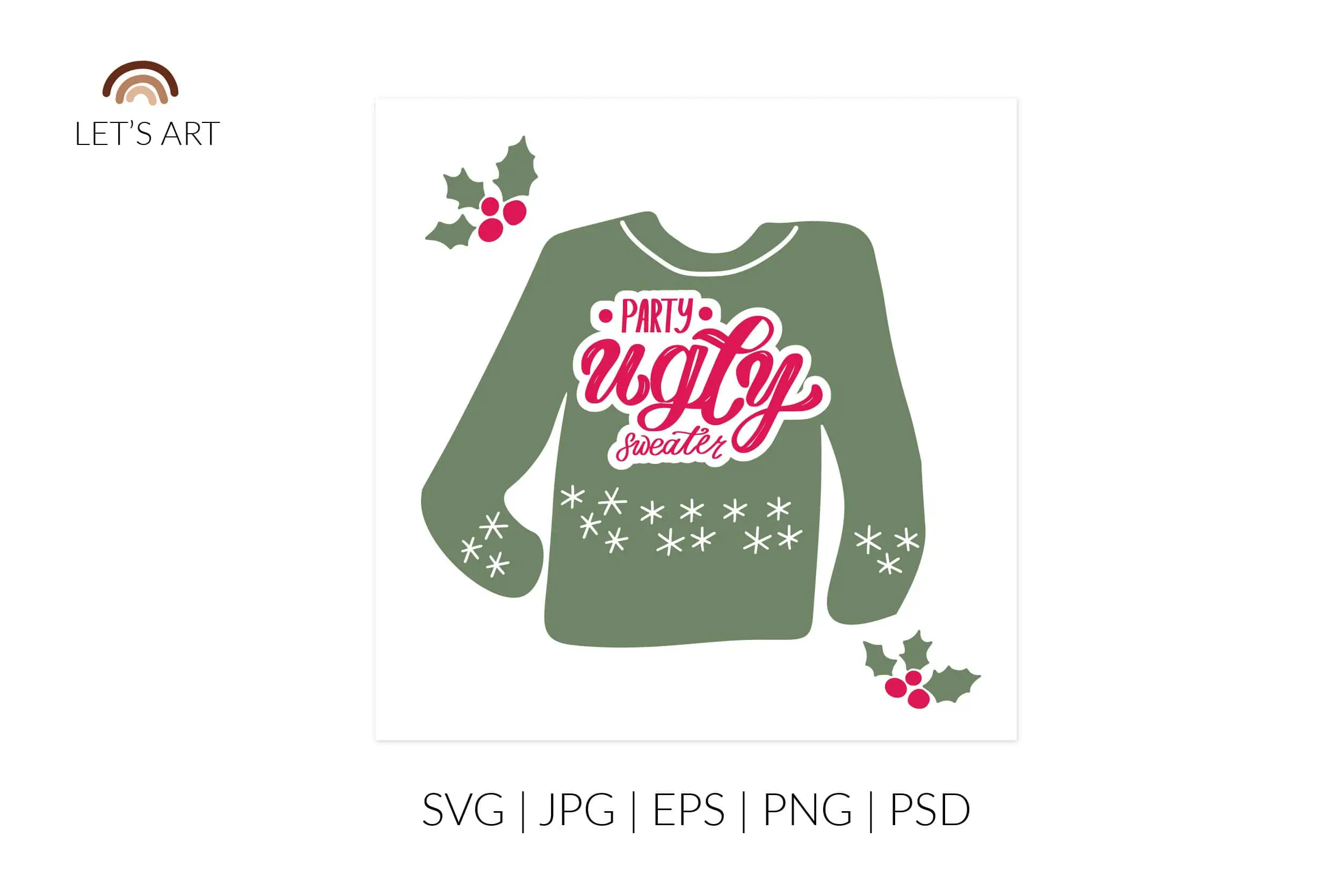 green sweater illustration that says ugly sweater party with holly