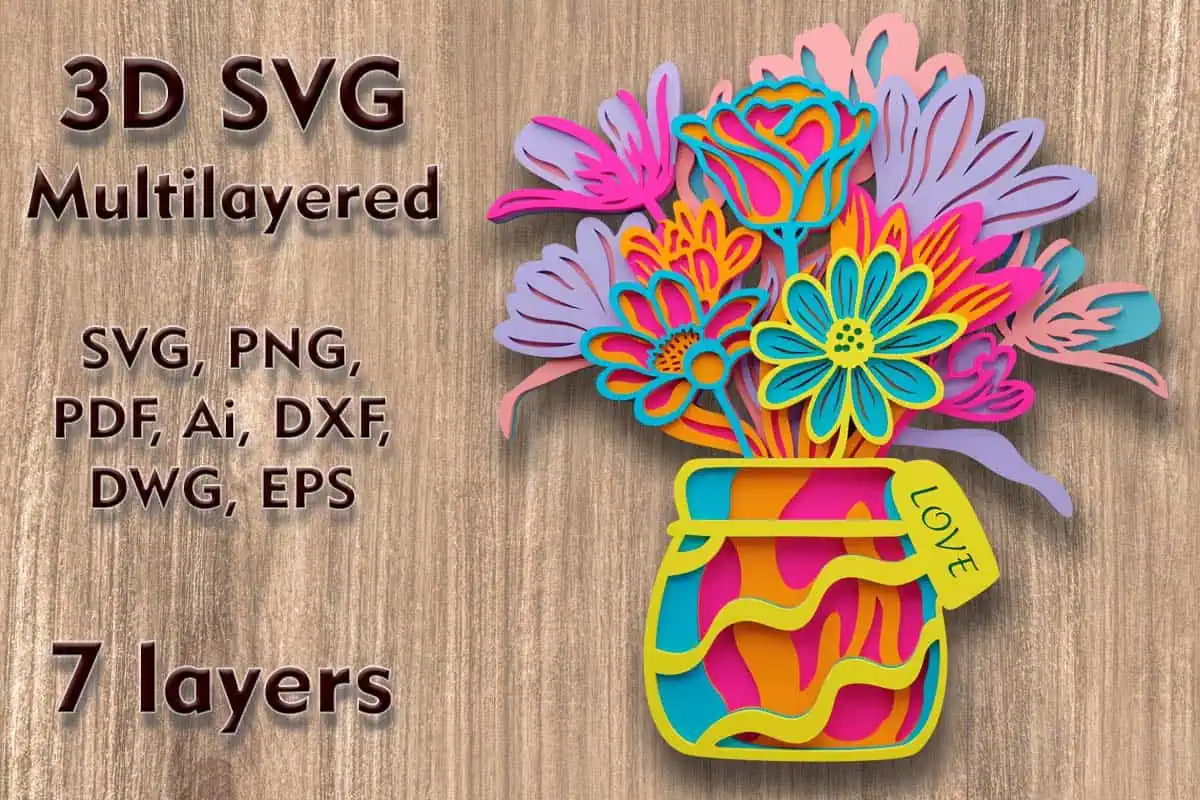 multilayer paper art of a pink vase full of bright flowers in pink, orange, teal and purple