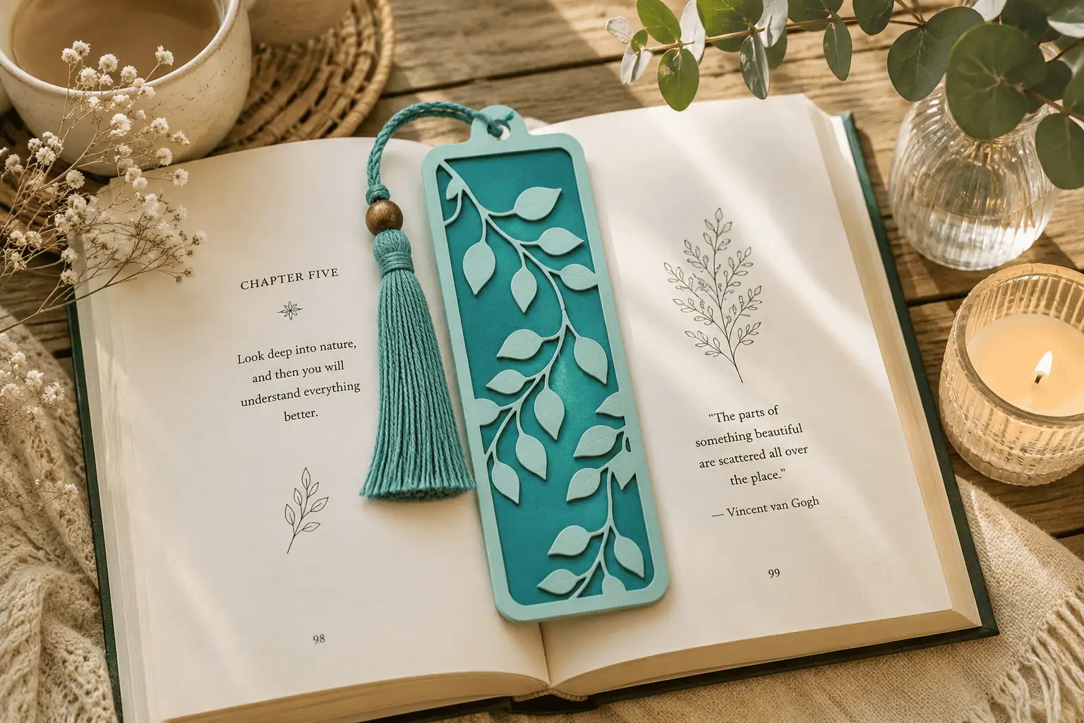 teal layered bookmark with a leafy vine design, a teal tassel and a wooden bead lying on an open book