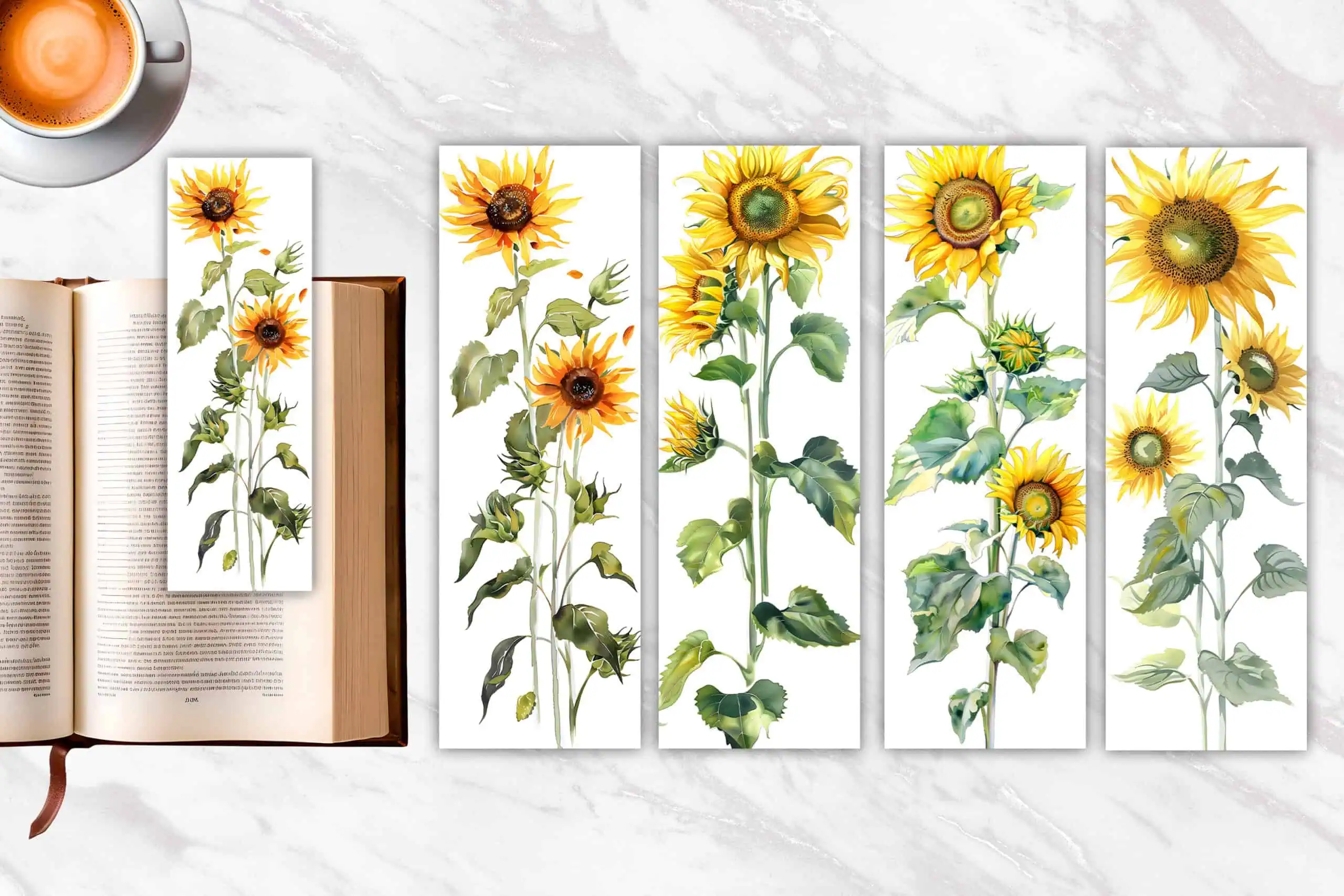 set of watercolor sunflower bookmarks, one lying on an open book