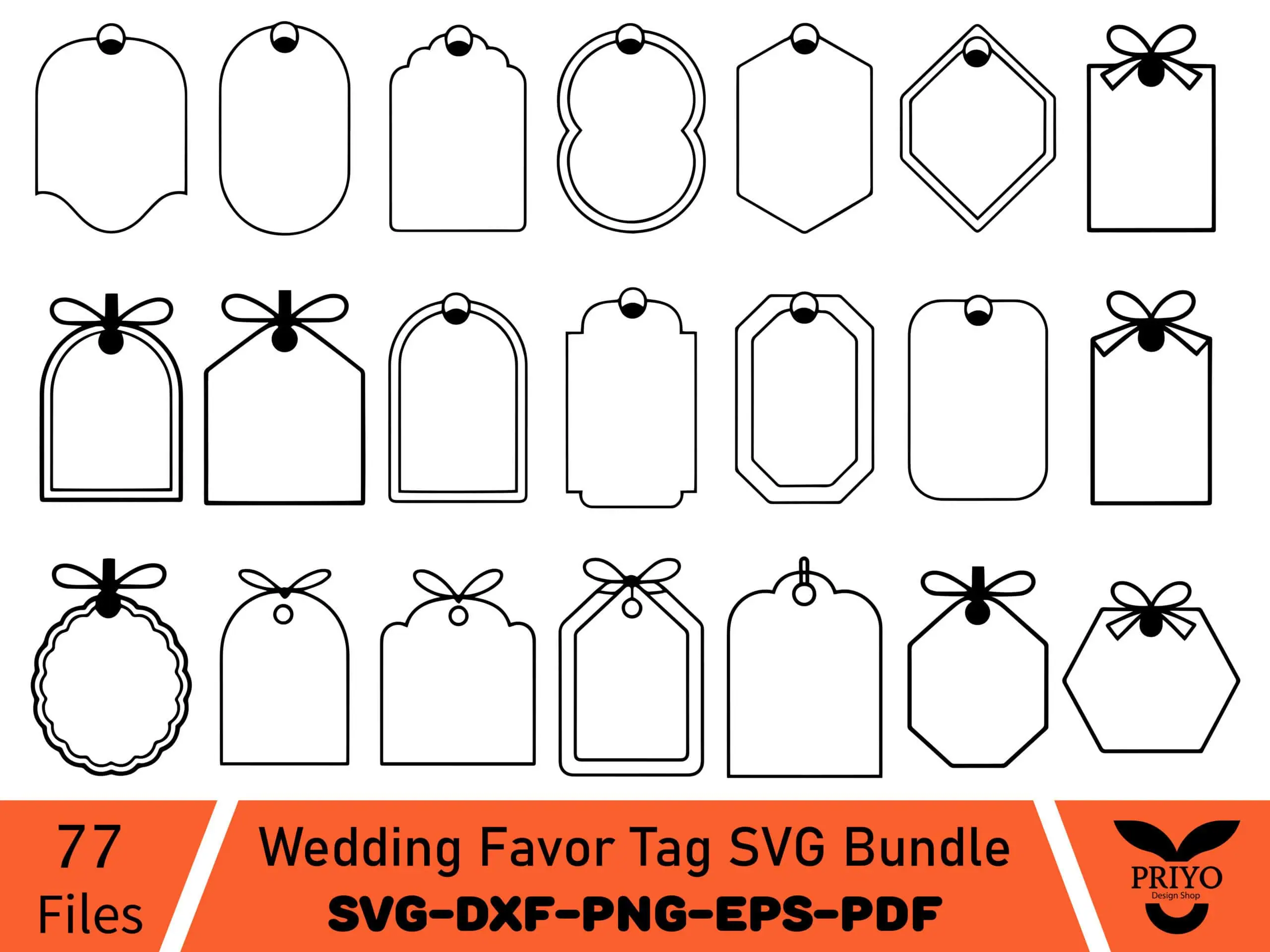 outline shapes for 77 wedding favor tags with bows and scalloped edges