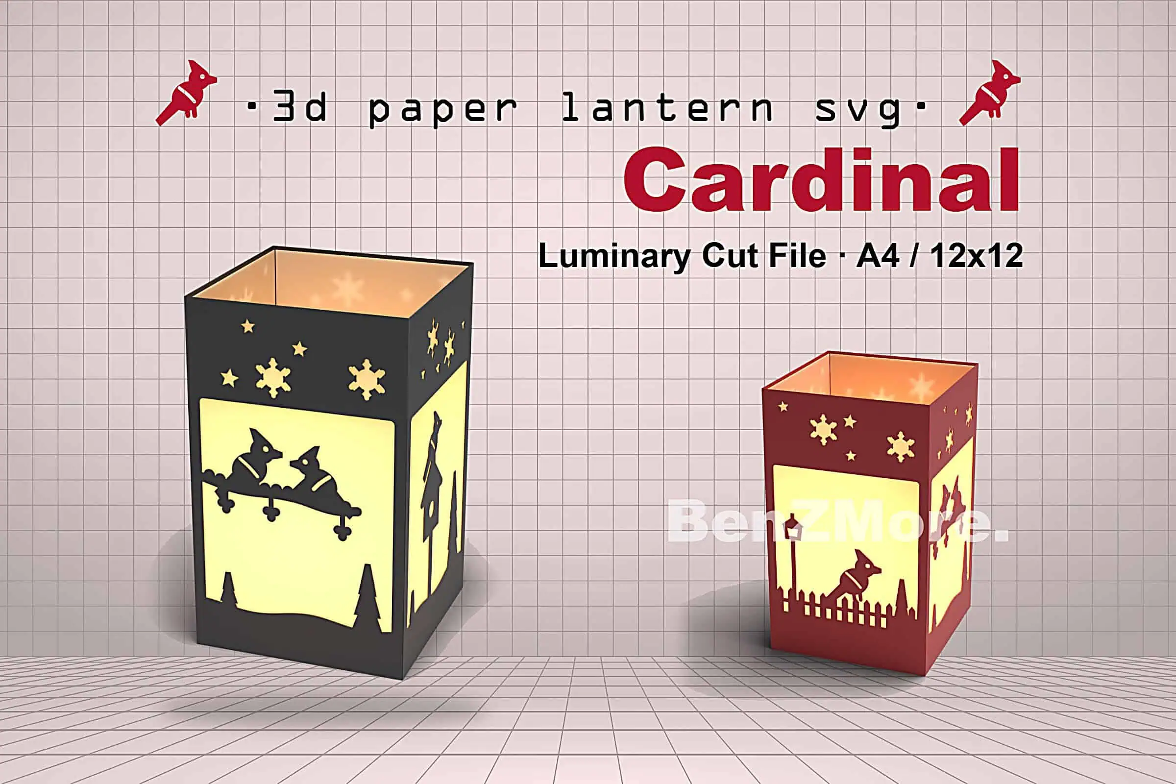 paper lantern luminaries with cardinal silhouettes glowing yellow