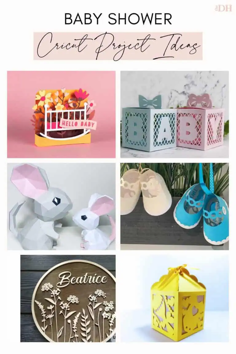 collage of Cricut baby shower ideas including a pop-up crib card, BABY block favor boxes, 3d paper mice, baby shoe favor boxes, a floral nursery name sign and a yellow lantern favor box