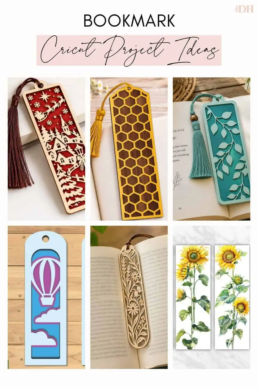 collage of Cricut bookmark ideas including a Christmas village bookmark, a gold honeycomb bookmark, a teal vine bookmark, a layered hot air balloon bookmark, a botanical bookmark and watercolor sunflower bookmarks