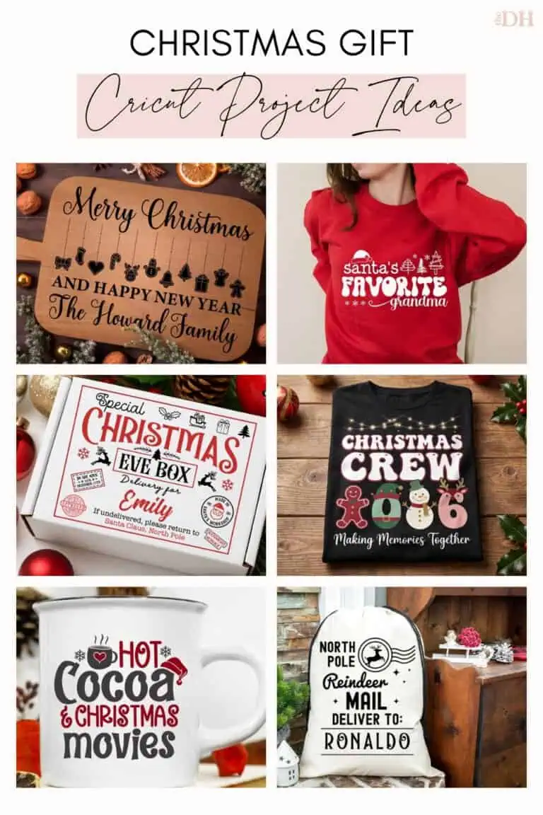 collage of Cricut Christmas gift ideas: a personalized cutting board, a Santa's favorite grandma sweatshirt, a Christmas Eve box, a Christmas crew family shirt, a hot cocoa mug and a Santa sack
