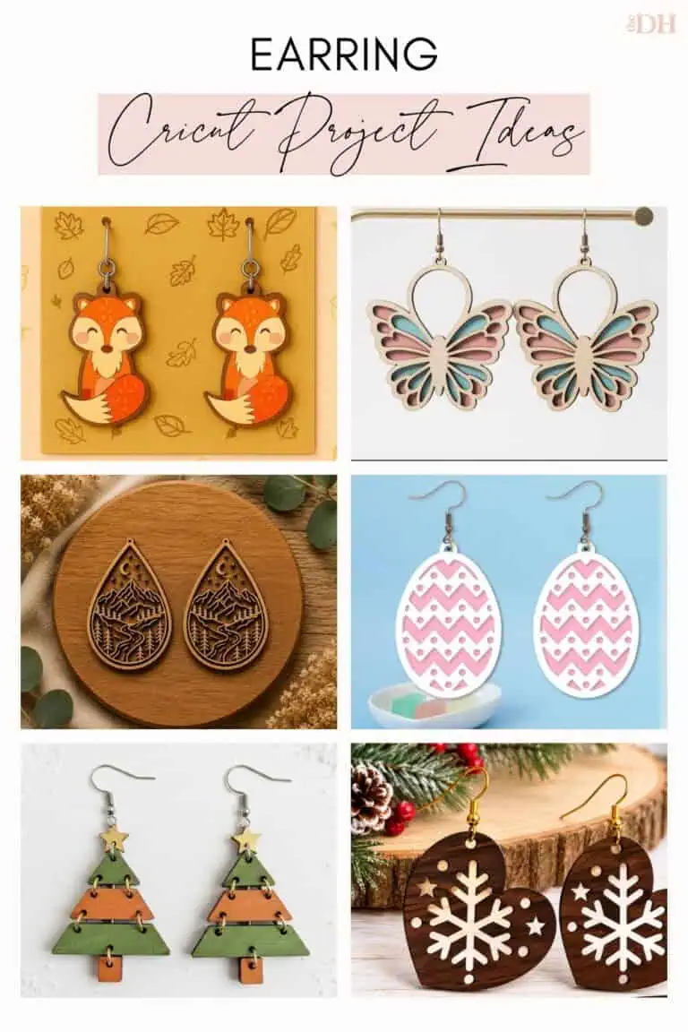 collage of Cricut earring ideas: cute fox earrings, layered butterfly earrings, mountain landscape teardrop wood earrings, pink chevron Easter egg earrings, layered Christmas tree earrings and snowflake heart wood earrings