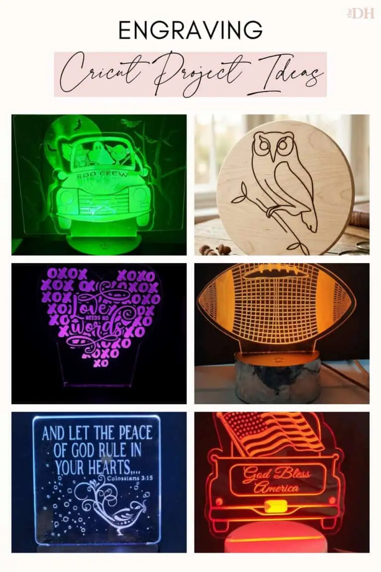 collage of Cricut engraving ideas: a boo crew truck acrylic lamp, an engraved wood owl round, a love needs no words heart lamp, a 3D football lamp, a peace dove scripture lamp and a God bless America truck lamp